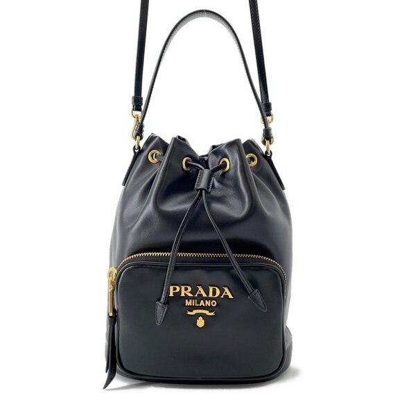 PRADA Duet Drawstring Bag Shoulder Bag Soft Calf Leather Black 1BH038 - Picture 1 of 16
